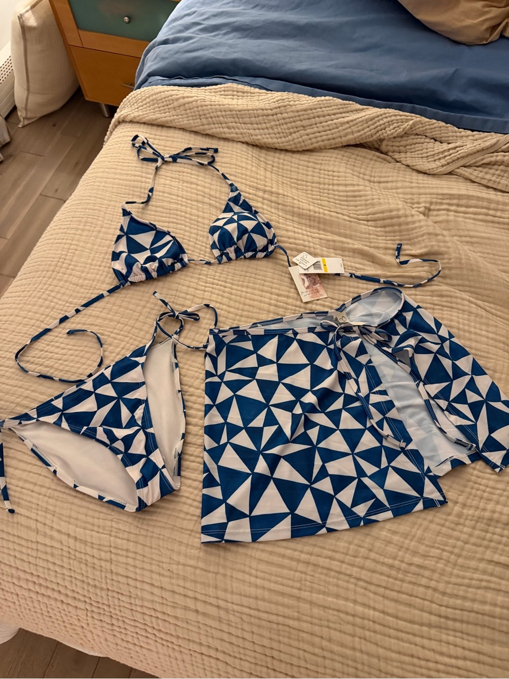 Jessica Simpson Blue and White Geometric Bikini Set with Cover-Up